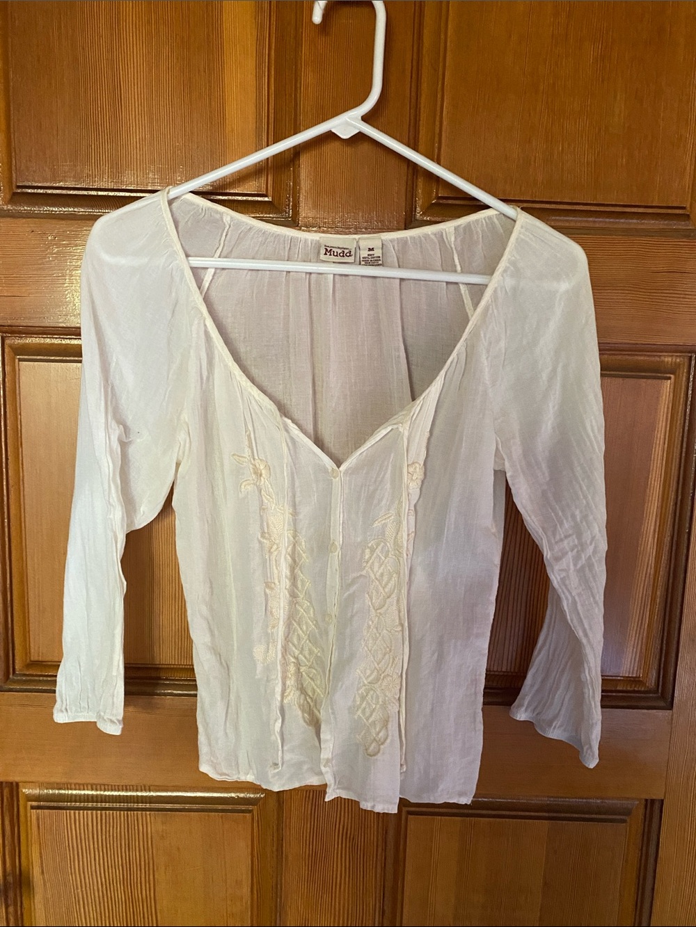 Mudd Cream Sheer V-Neck Embroidered Blouse